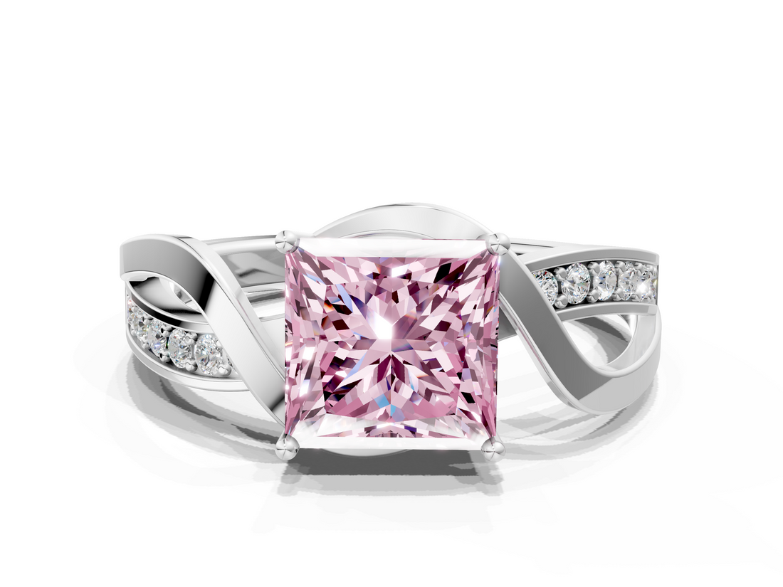White gold Fancy Pink Princess  Solitaire Twisted Band with Prong Setting_3
