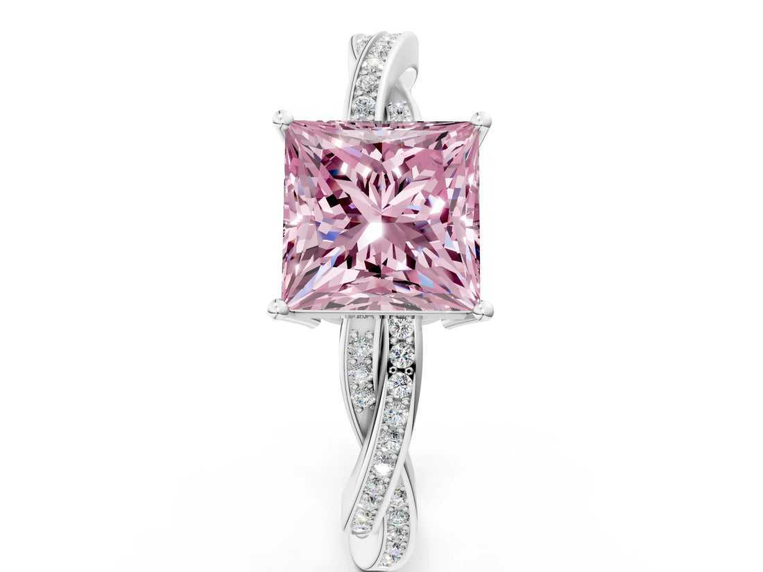White gold Fancy Pink Princess  Solitaire Twisted Pave Diamond Ring with Four-Prong Setting_12