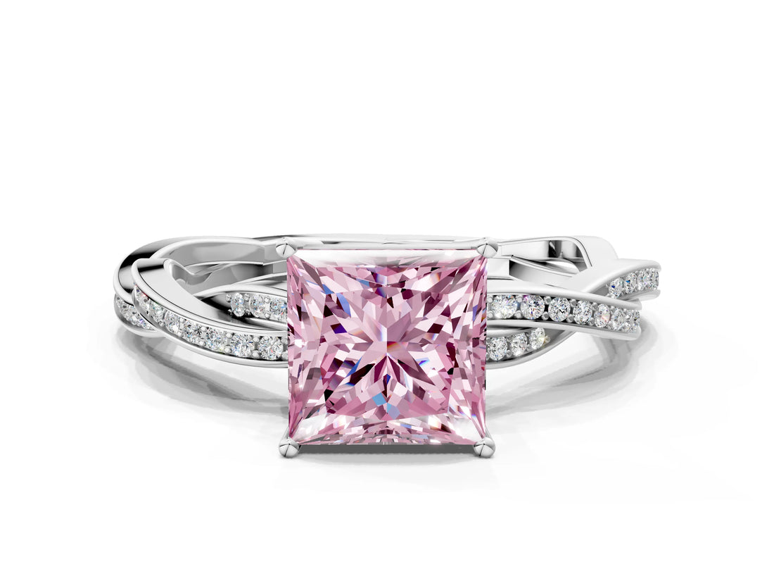 White gold Fancy Pink Princess  Solitaire Twisted Pave Diamond Ring with Four-Prong Setting_200