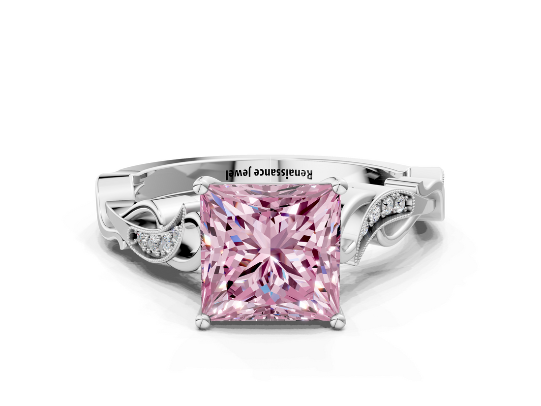 White gold Fancy Pink Princess  Solitaire Vine Band with Milgrain Prong Setting_3