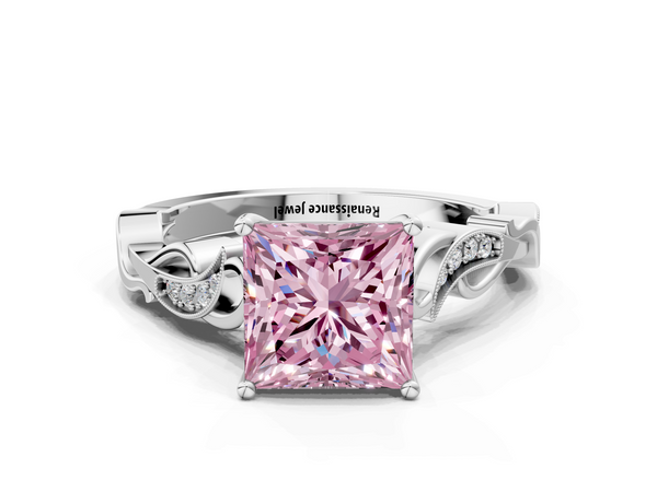 White gold Fancy Pink Princess  Solitaire Vine Band with Milgrain Prong Setting