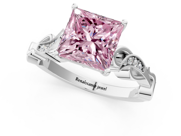 White gold Fancy Pink Princess  Solitaire Vine Band with Milgrain Prong Setting
