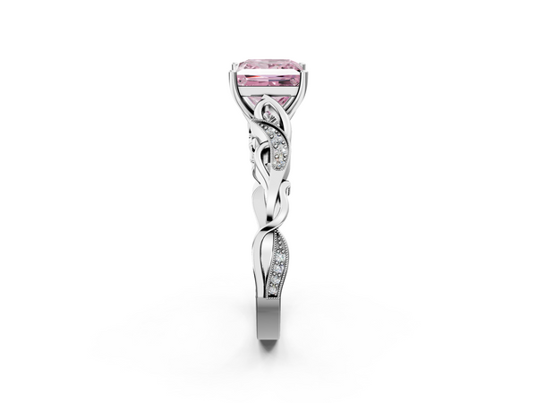 White gold Fancy Pink Princess  Solitaire Vine Band with Milgrain Prong Setting