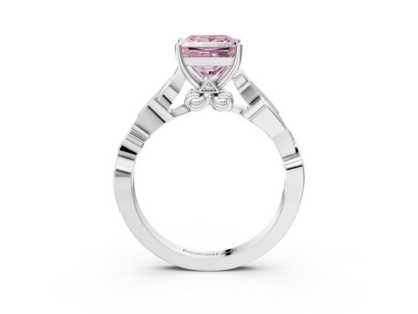 White gold Fancy Pink Princess  Solitaire Vine Band with Milgrain Prong Setting