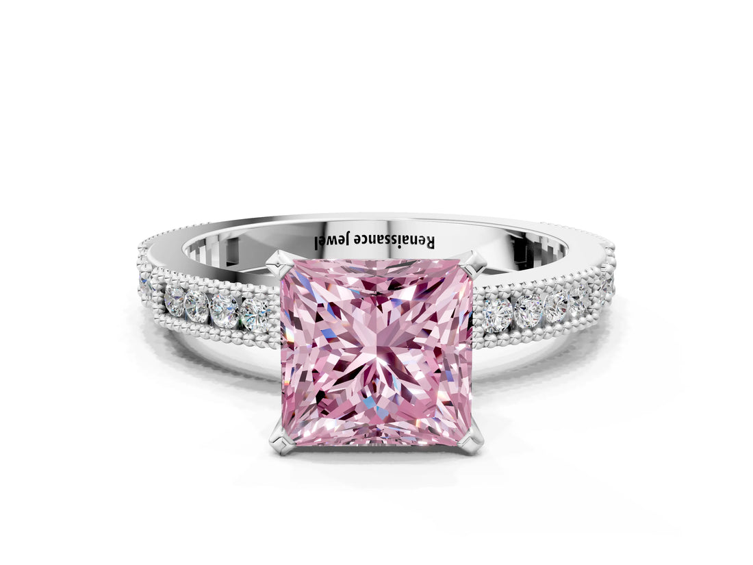 White gold Fancy Pink Princess  Solitaire with Pavé Band and Four-Prong Setting_28