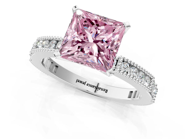 White gold Fancy Pink Princess  Solitaire with Pavé Band and Four-Prong Setting