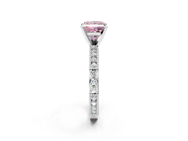 White gold Fancy Pink Princess  Solitaire with Pavé Band and Four-Prong Setting