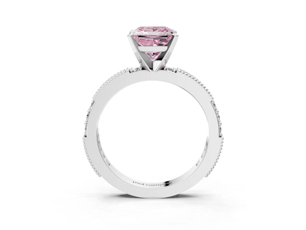 White gold Fancy Pink Princess  Solitaire with Pavé Band and Four-Prong Setting