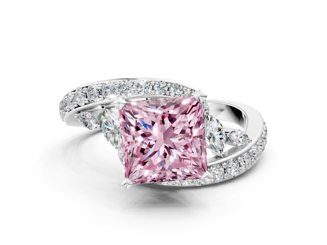 White gold Fancy Pink Princess  Solitaire with Pavé Twist Band and Four-Prong Setting