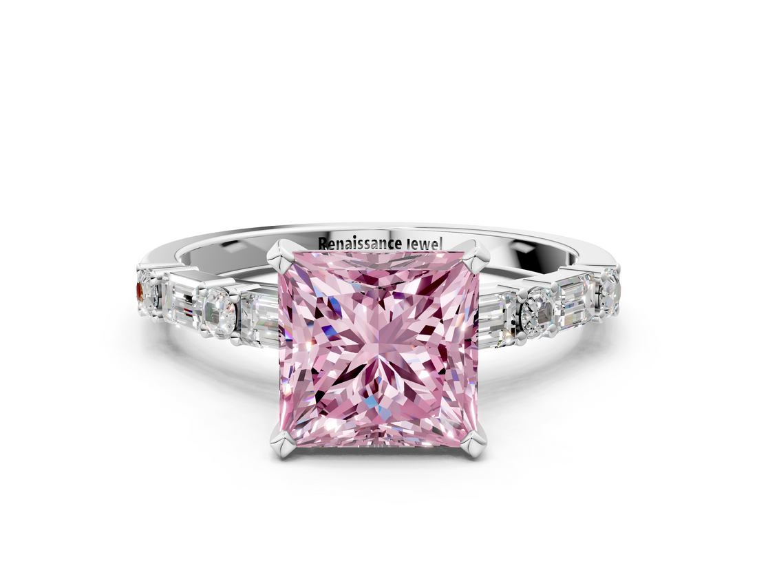 White gold Fancy Pink Princess  Solitaire with Side Baguettes and Channel Set Band