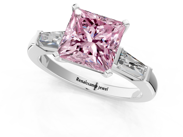 Platinum Fancy Pink Princess  Solitaire with Tapered Baguette Side Stones on a Classic Band with Four-Prong Setting
