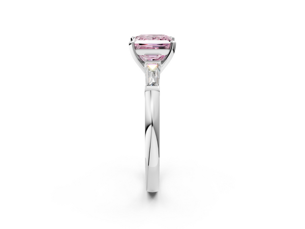 Platinum Fancy Pink Princess  Solitaire with Tapered Baguette Side Stones on a Classic Band with Four-Prong Setting