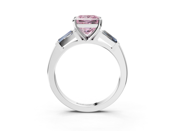 Platinum Fancy Pink Princess  Solitaire with Tapered Baguette Side Stones on a Classic Band with Four-Prong Setting