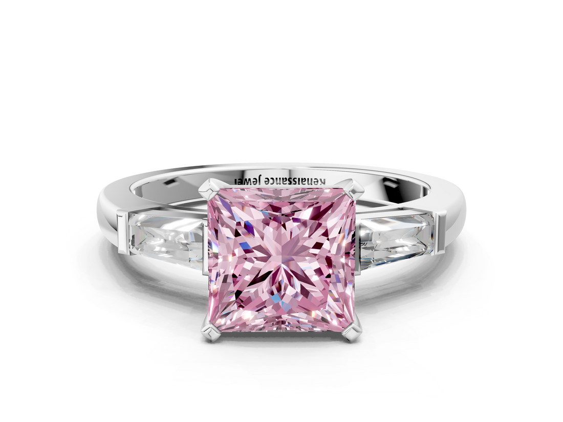 White gold Fancy Pink Princess  Solitaire with Tapered Baguette Side Stones on a Classic Band with Four-Prong Setting