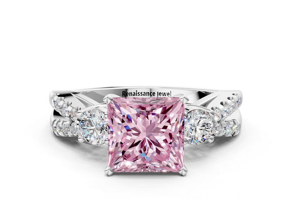 Platinum Fancy Pink Princess Cut Diamond Three-Stone Ring with Pavé Split Shank and Four-Prong Setting