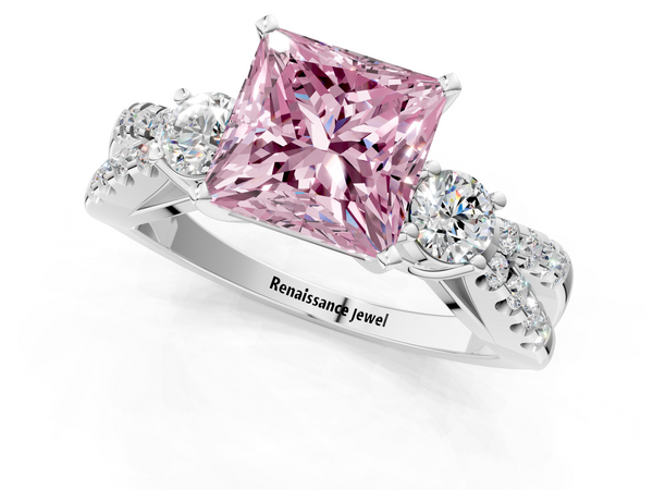 Platinum Fancy Pink Princess Cut Diamond Three-Stone Ring with Pavé Split Shank and Four-Prong Setting