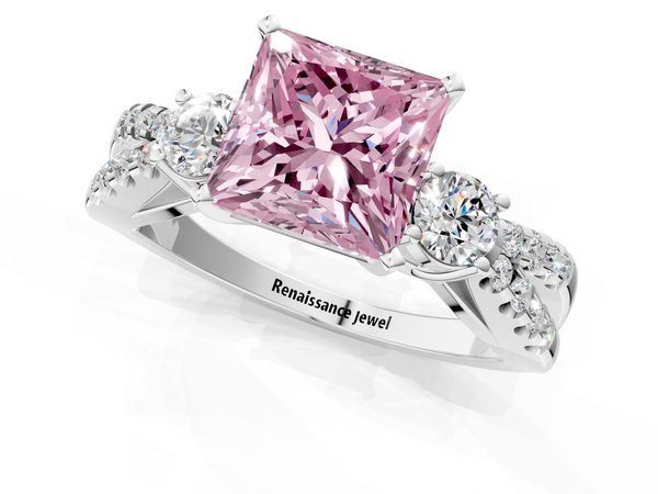 Platinum Fancy Pink Princess Cut Diamond Three-Stone Ring with Pavé Split Shank and Four-Prong Setting