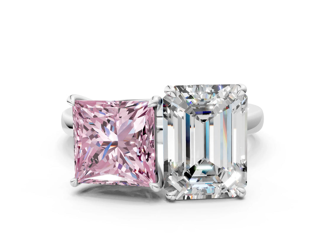 White gold Fancy Pink Princess  and Emerald Cut Toi Moi Ring with Prong Setting_30