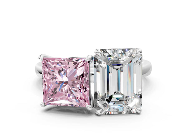 White gold Fancy Pink Princess  and Emerald Cut Toi Moi Ring with Prong Setting