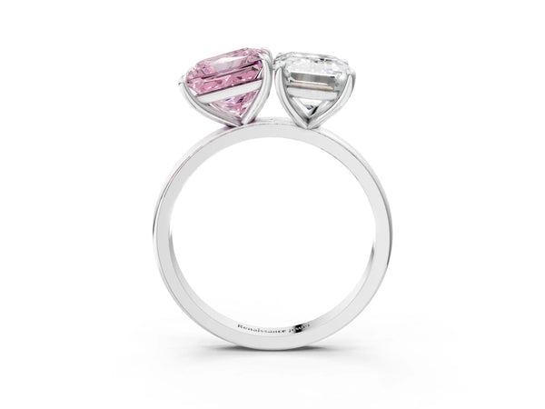 White gold Fancy Pink Princess  and Emerald Cut Toi Moi Ring with Prong Setting