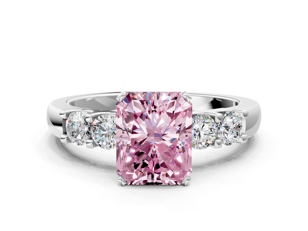Platinum Fancy Pink Radiant  Brilliant Cut Diamond Five-Stone Prong Set Engagement Ring with Channel Band