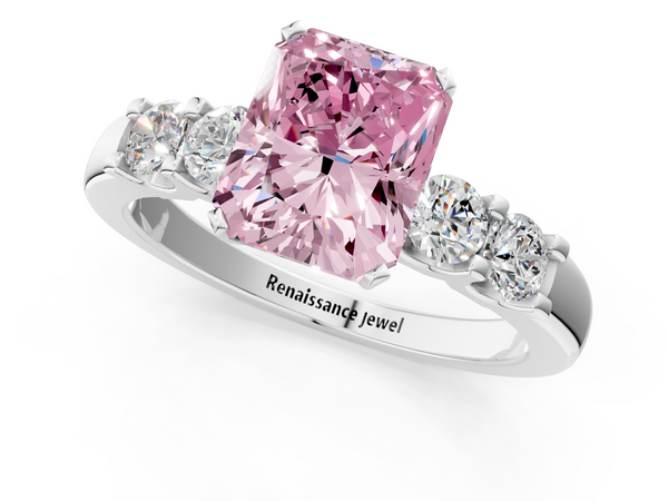 Platinum Fancy Pink Radiant  Brilliant Cut Diamond Five-Stone Prong Set Engagement Ring with Channel Band
