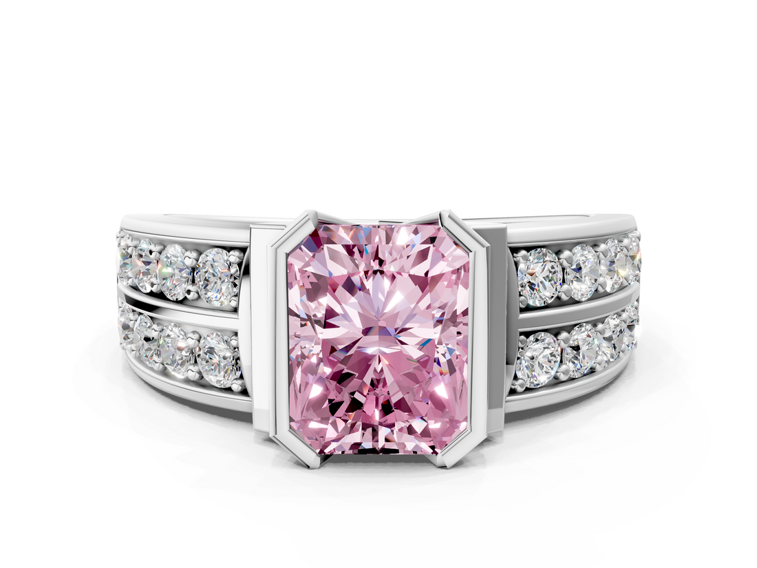 White gold Fancy Pink Radiant  Brilliant Diamond Channel Set Wide Band Ring with Bezel Setting_20