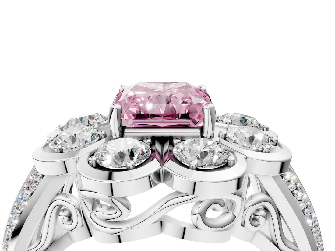 White gold Fancy Pink Radiant  Brilliant Flower Halo Diamond Split Shank Ring_121