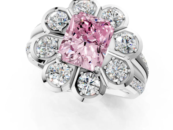 Platinum Fancy Pink Radiant  Brilliant Flower Halo Diamond Split Shank Ring