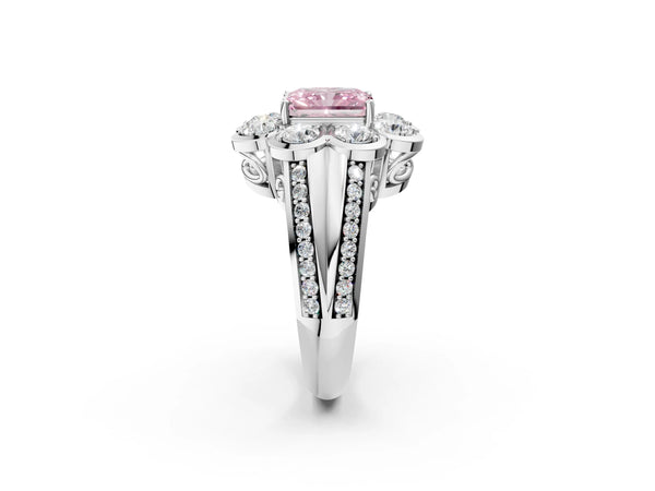 Platinum Fancy Pink Radiant  Brilliant Flower Halo Diamond Split Shank Ring