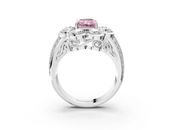 Platinum Fancy Pink Radiant  Brilliant Flower Halo Diamond Split Shank Ring