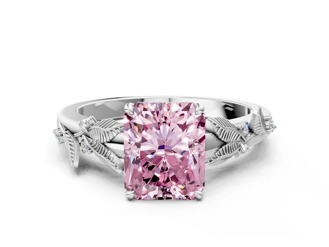White gold Fancy Pink Radiant  Brilliant Solitaire with Leaf Motif Band and Four-Prong Setting_62