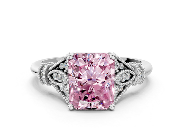 White gold Fancy Pink Radiant  Diamond Solitaire Ring with Floral Filigree and Pave Accents