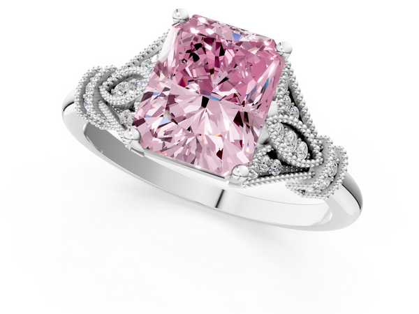White gold Fancy Pink Radiant  Diamond Solitaire Ring with Floral Filigree and Pave Accents