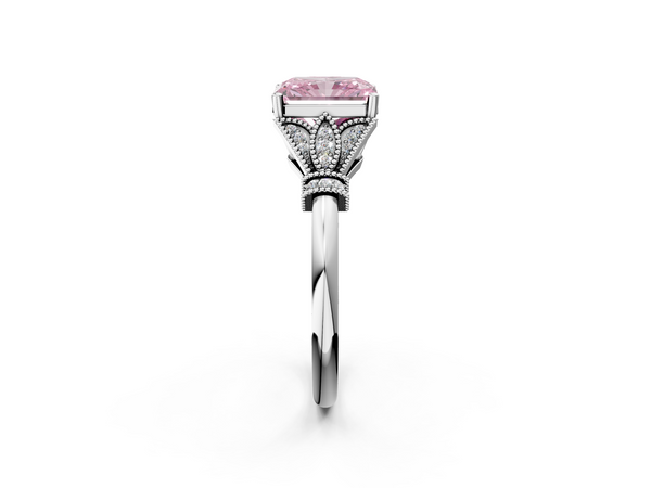 White gold Fancy Pink Radiant  Diamond Solitaire Ring with Floral Filigree and Pave Accents