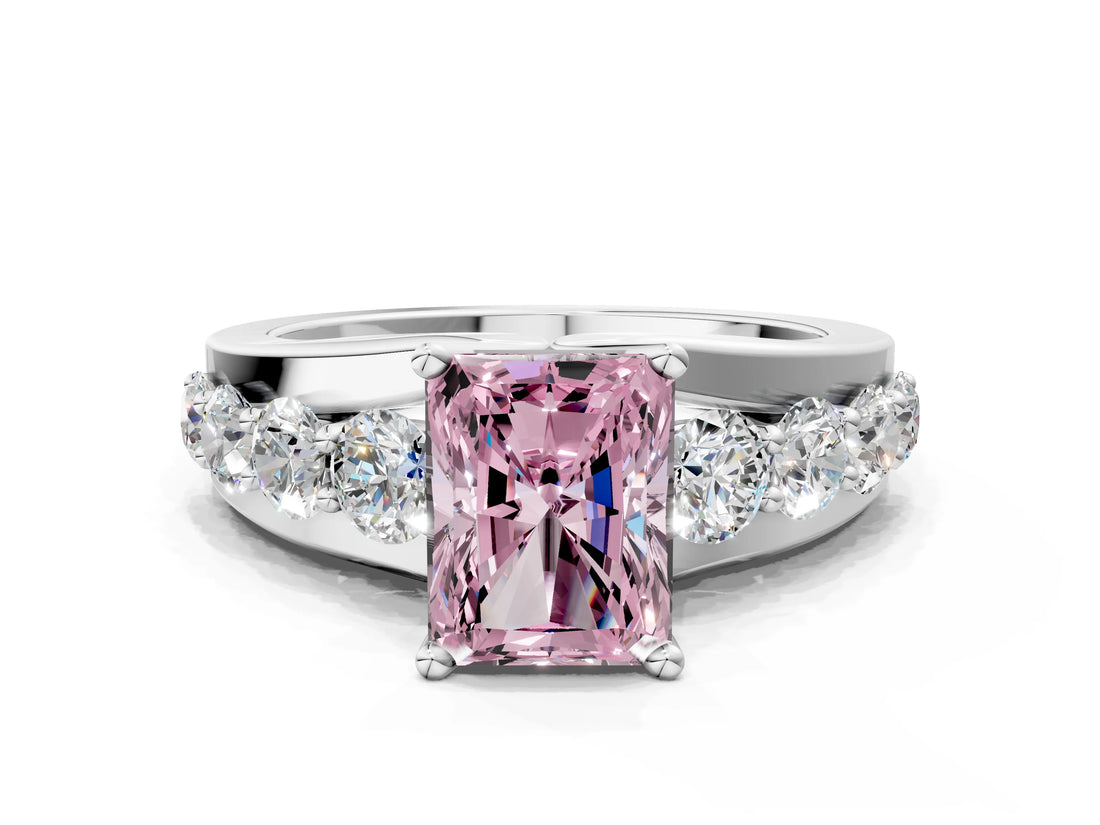 White gold Fancy Pink Radiant  Brilliant Solitaire with Side Stones on a Pave Band and Four-Prong Setting_61