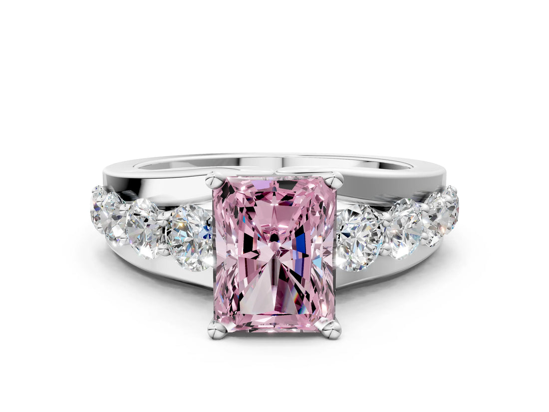 White gold Fancy Pink Radiant  Brilliant Solitaire with Side Stones on a Pave Band and Four-Prong Setting_72