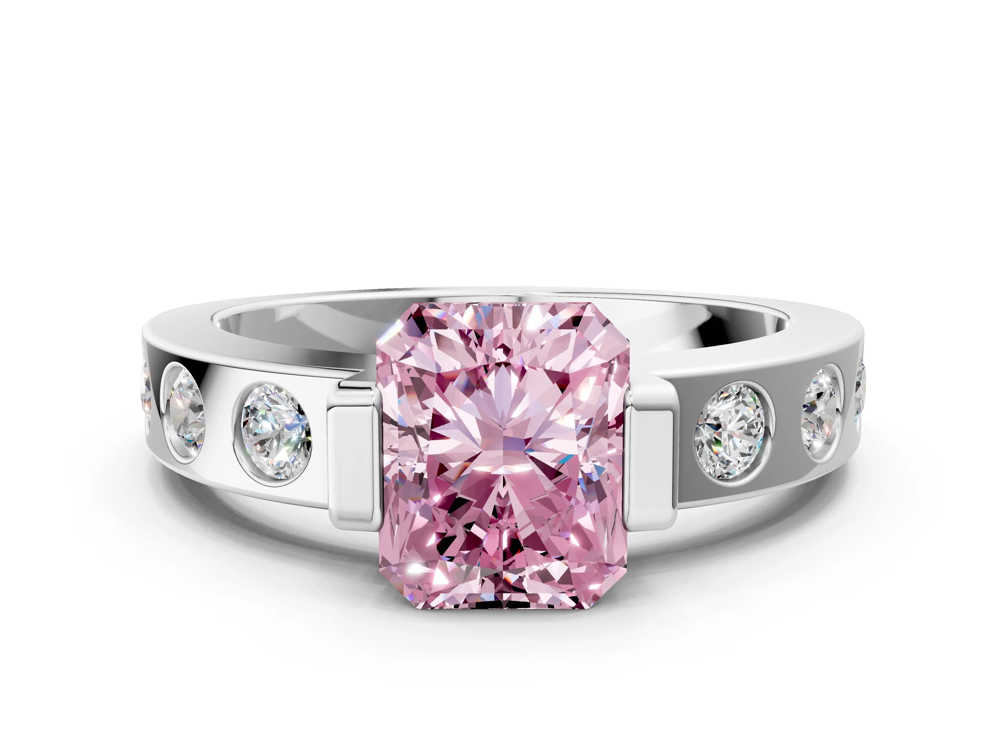 White gold Fancy Pink Radiant Cut Brilliant Channel-Set Diamond Ring with Bezel Prong Setting