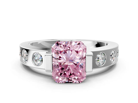 White gold Fancy Pink Radiant Cut Brilliant Channel-Set Diamond Ring with Bezel Prong Setting