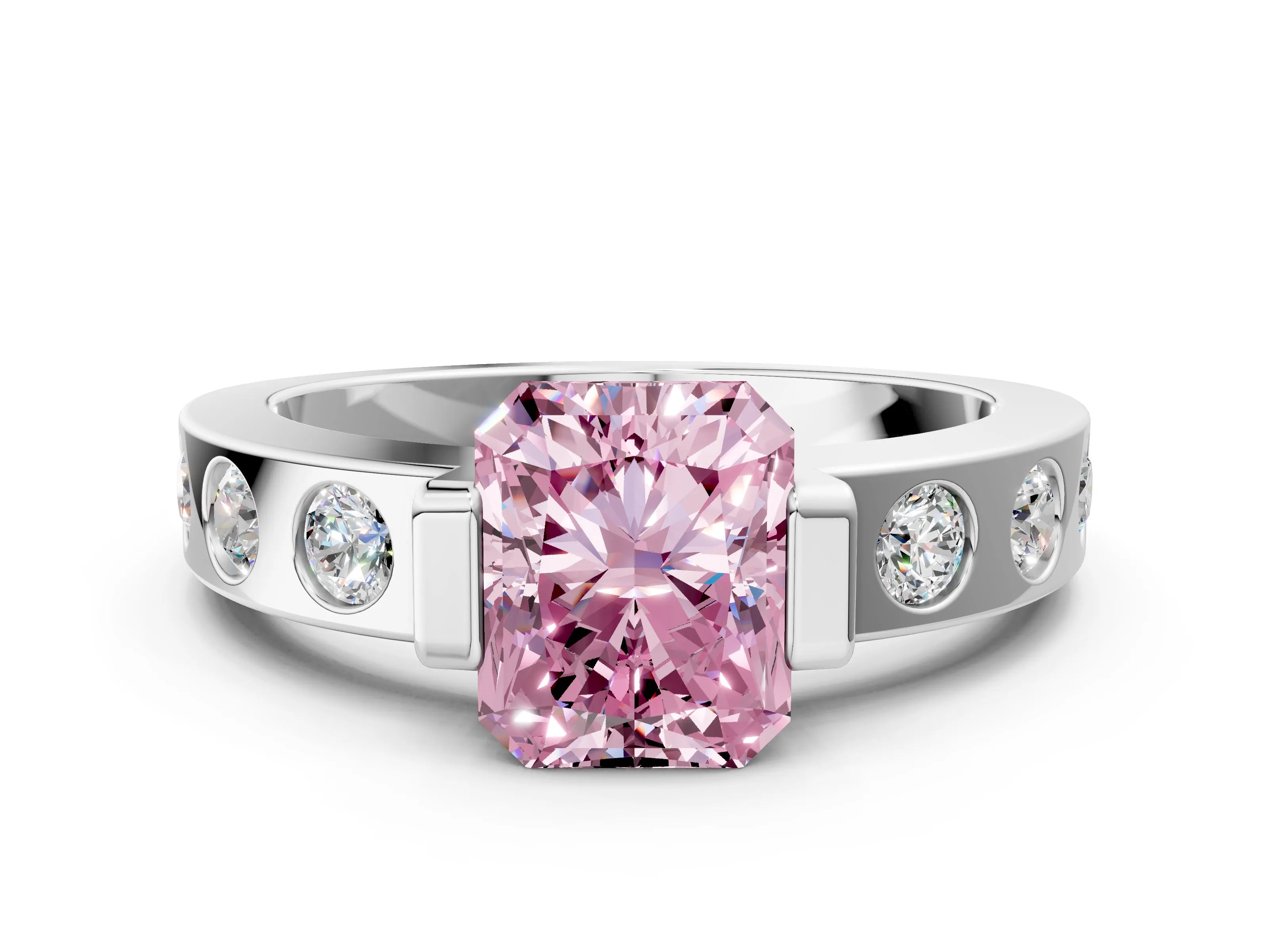 White gold Fancy Pink Radiant Cut Brilliant Channel-Set Diamond Ring with Bezel Prong Setting