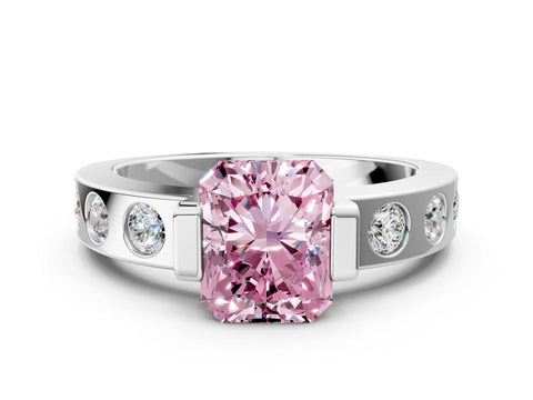 White gold Fancy Pink Radiant Cut Brilliant Channel-Set Diamond Ring with Bezel Prong Setting