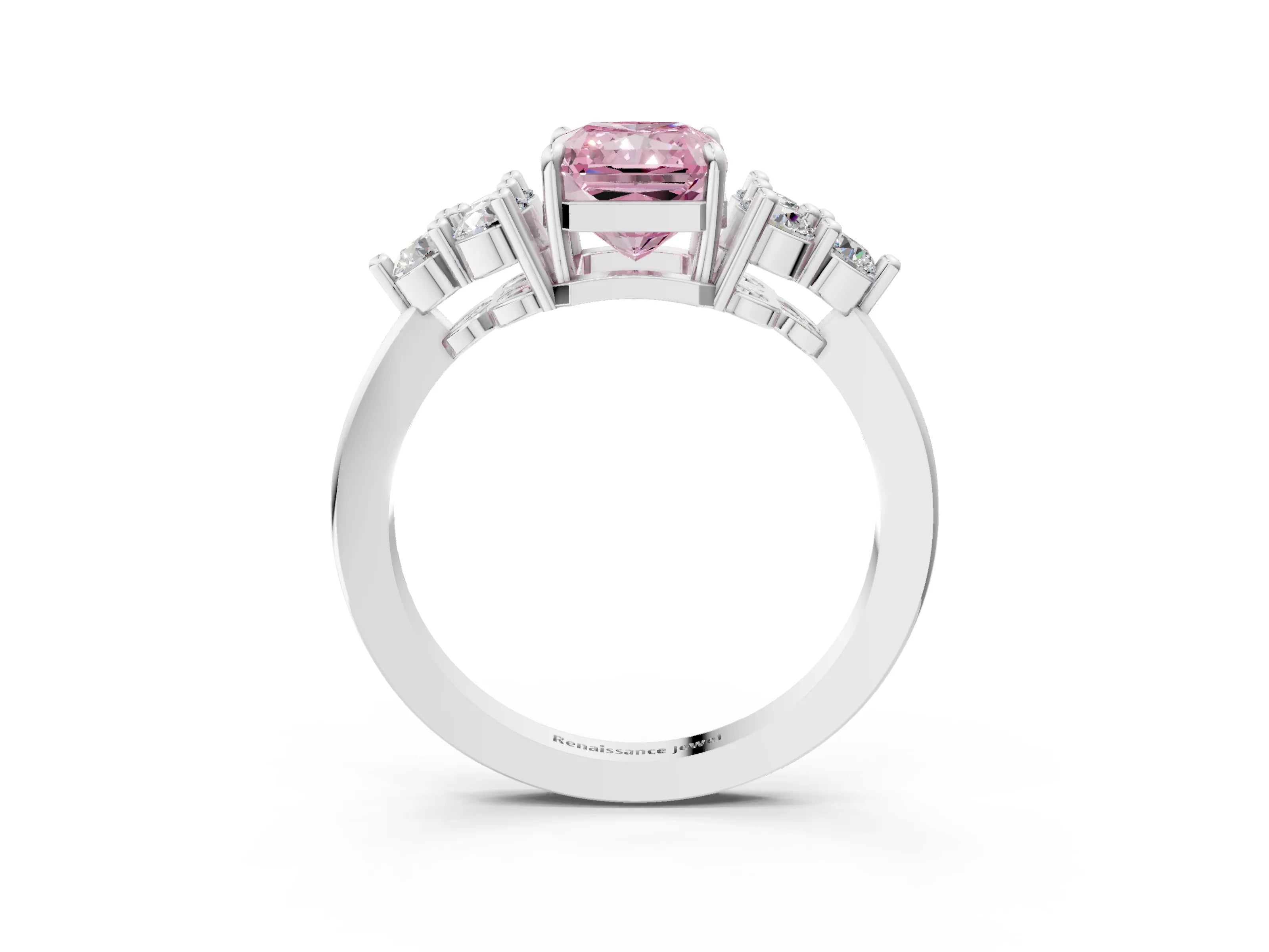 White gold Fancy Pink Radiant Cut Brilliant Diamond Cluster Accent Solitaire Ring with Prong Setting_27