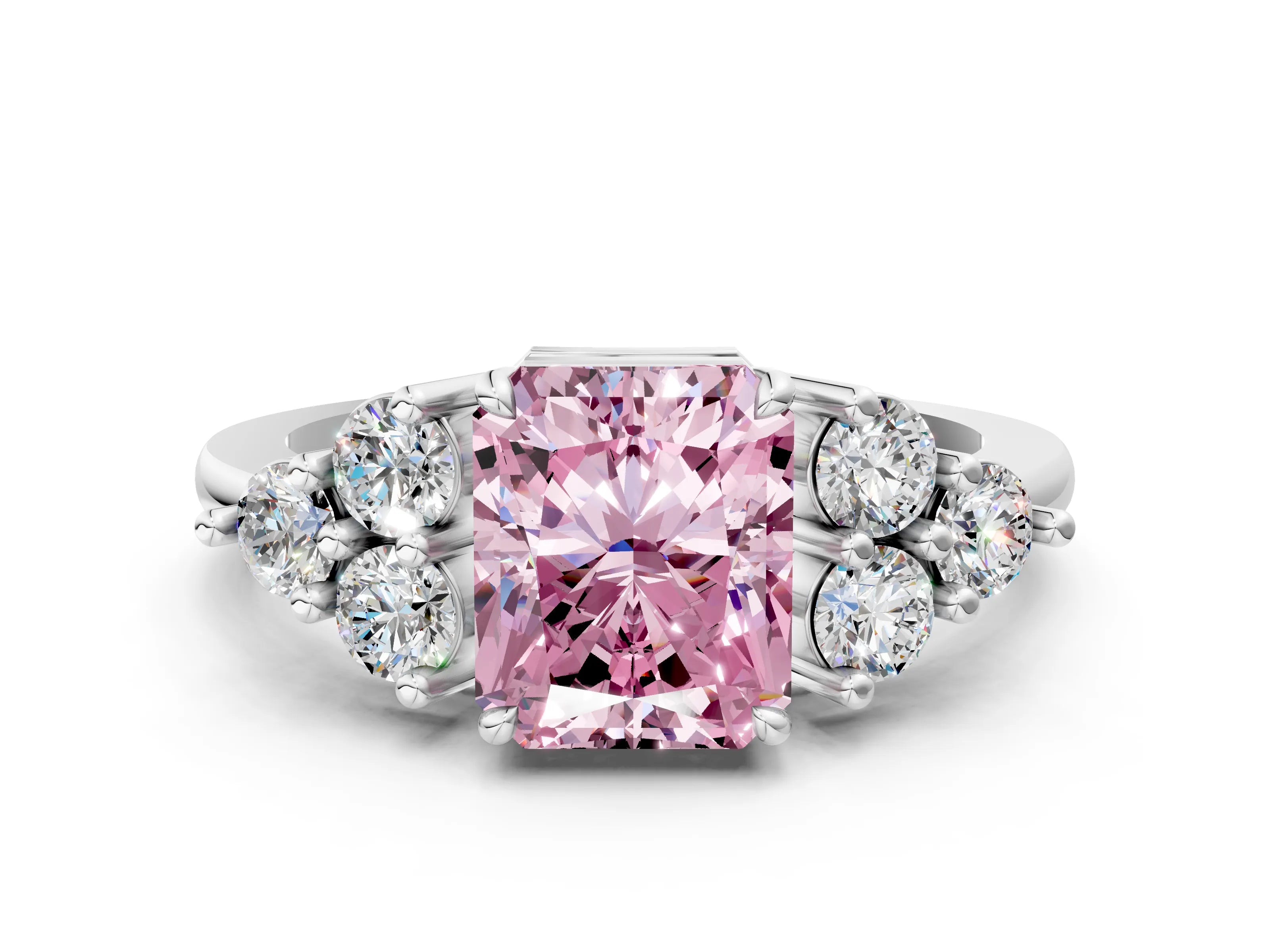 White gold Fancy Pink Radiant Cut Brilliant Diamond Cluster Accent Solitaire Ring with Prong Setting_30