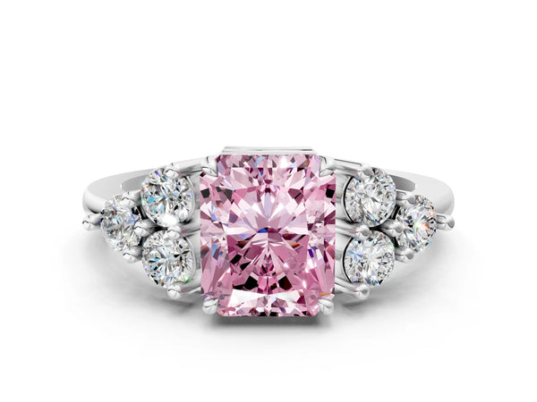 Platinum Fancy Pink Radiant Cut Brilliant Diamond Cluster Accent Solitaire Ring with Prong Setting