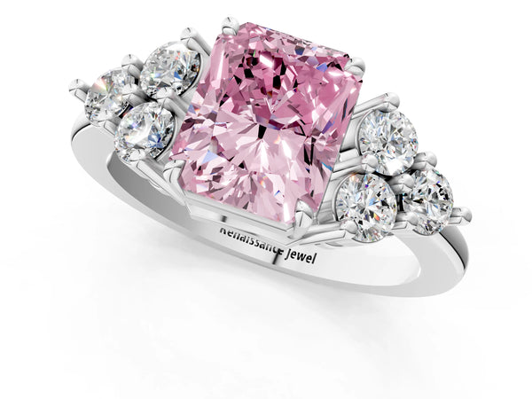 Platinum Fancy Pink Radiant Cut Brilliant Diamond Cluster Accent Solitaire Ring with Prong Setting