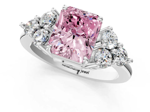 White gold Fancy Pink Radiant Cut Brilliant Diamond Cluster Accent Solitaire Ring with Prong Setting_31