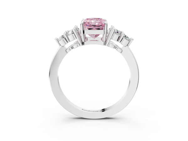 Platinum Fancy Pink Radiant Cut Brilliant Diamond Cluster Accent Solitaire Ring with Prong Setting