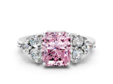 White gold Fancy Pink Radiant Cut Brilliant Diamond Cluster Accent Solitaire Ring with Prong Setting