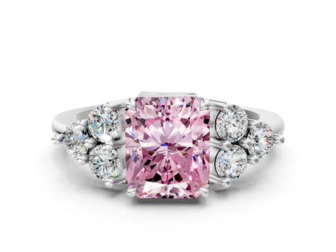 White gold Fancy Pink Radiant Cut Brilliant Diamond Cluster Accent Solitaire Ring with Prong Setting