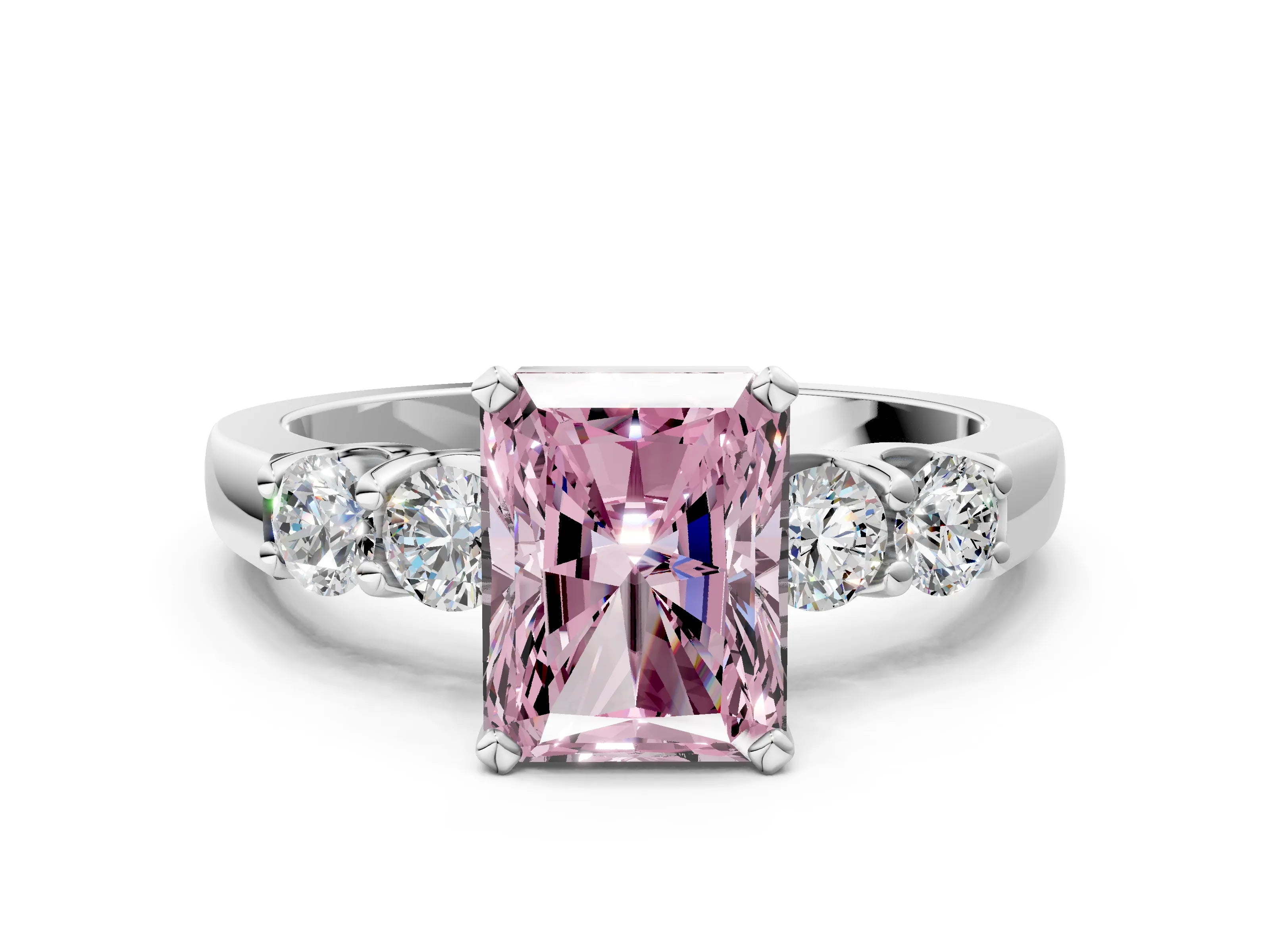 White gold Fancy Pink Radiant Cut Brilliant Diamond Five-Stone Engagement Ring with Prong Setting on a Classic Band_3